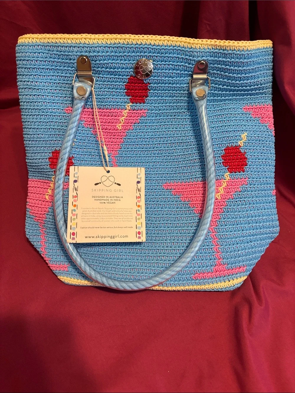 Blue Crochet Tote with Pink & Red Cocktail Motifs